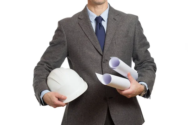 Close-up of a businessman in a gray suit with drawings and pitch — Stock Photo, Image