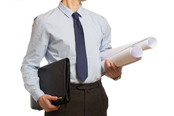 Homem de negócios em uma camisa azul e em um empate com uma pasta e um — Fotografia de Stock