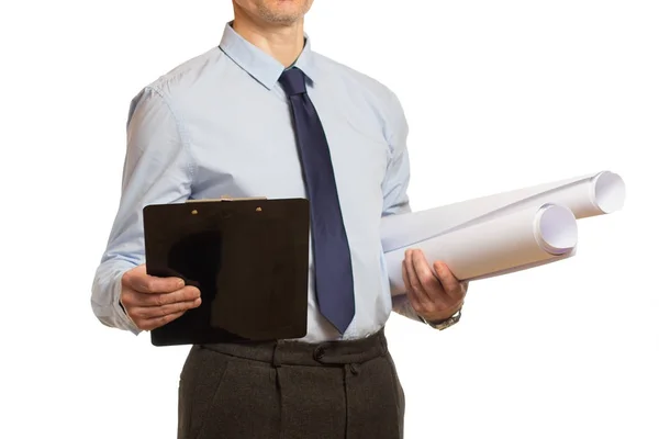 Biznesmen w niebieską koszulę i krawat z teczki i — Zdjęcie stockowe