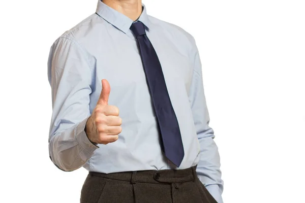 Businessman in a blue shirt and a tie  in with a report and a th — Stock Photo, Image