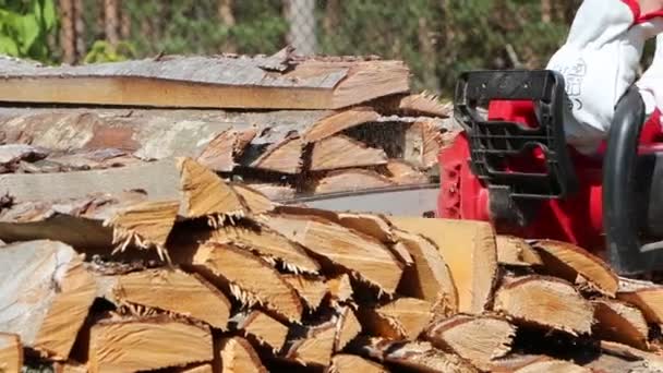 Man Sawing Wood Electric Saw — Stock Video