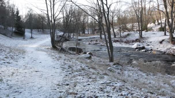 Sinuoso Río Fluye Maravillosamente Soleado Día Invierno — Vídeo de stock