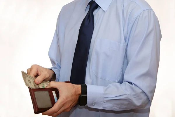 Concept Economic Crisis Covid Businessman Counts Last Money His Wallet — Stock Photo, Image