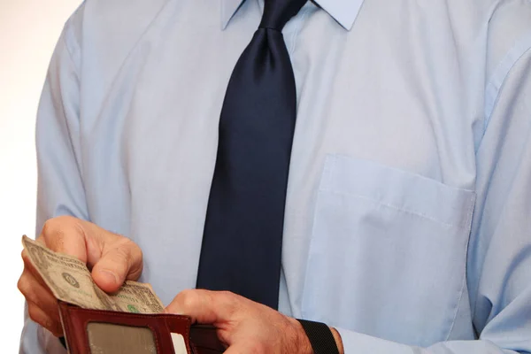 Concept Economic Crisis Covid Businessman Counts Last Money His Wallet — Stock Photo, Image