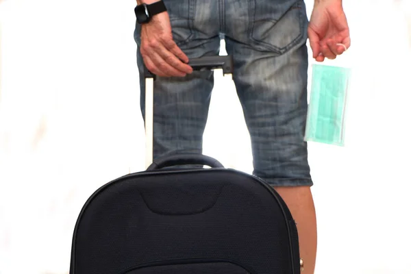 Man Pulls Suitcase Back Holds His Hand Medical Mask Protect — Stock Photo, Image