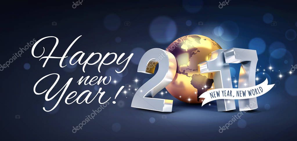 Greetings and 2017 New Year type composed with a golden planet earth, glittering on black background - 3D illustration