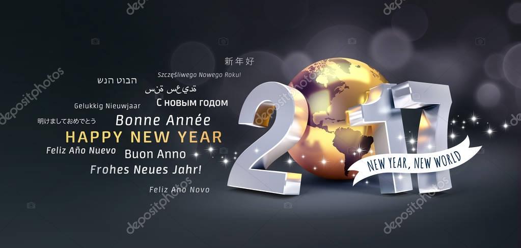 International greetings and 2017 New Year type composed with a golden planet earth, glittering on black background - 3D illustration