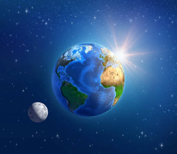 Maa-planeetta, kuunvalo ja auringonpaiste ulkoavaruudessa — kuvapankkivalokuva