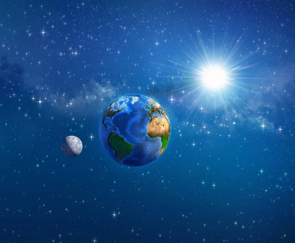 Ziemia, słońce i Księżyc w przestrzeni kosmicznej — Zdjęcie stockowe