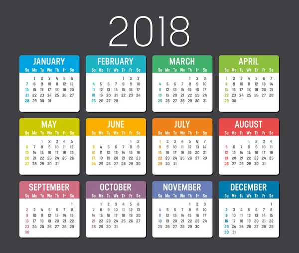 Año 2018 plantilla de vector de calendario — Vector de stock