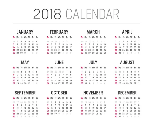 Πρότυπο διάνυσμα ημερολογίου έτους 2018 — Διανυσματικό Αρχείο