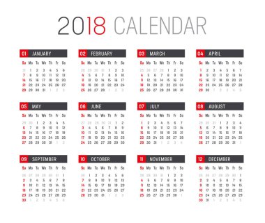 Yıl 2018 takvim vektör şablonu