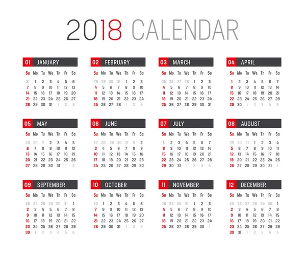 Jahr 2018 Kalendervektorvorlage — Stockvektor