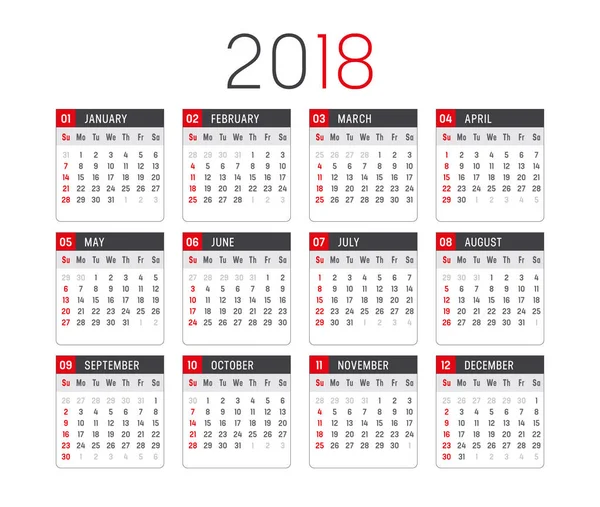 Jahr 2018 Kalendervektorvorlage — Stockvektor