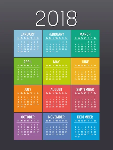 Buntes Jahr 2018 Kalendervektorvorlage — Stockvektor