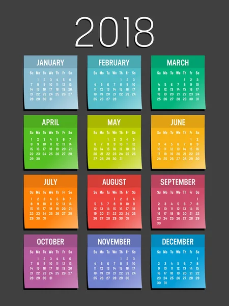 Año 2018 calendario de notas adhesivas — Vector de stock