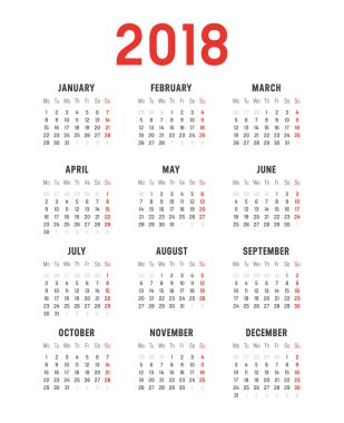 Yıl 2018 takvim vektör şablonu