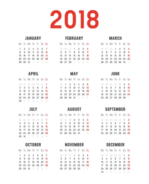 Modelo de vetor calendário do ano 2018 — Vetor de Stock