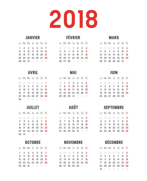 Jahr 2018 Französischer Kalender — Stockvektor