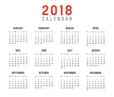 Yıl 2018 takvim vektör şablonu