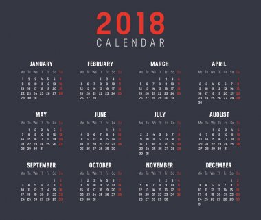Yıl 2018 takvim vektör şablonu