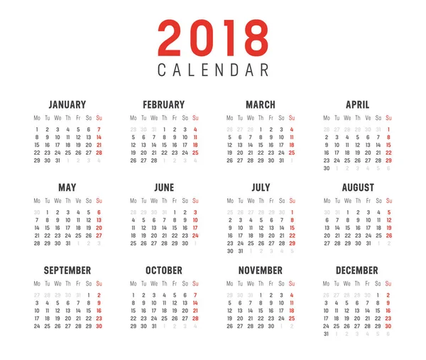 Yıl 2018 takvim vektör şablonu