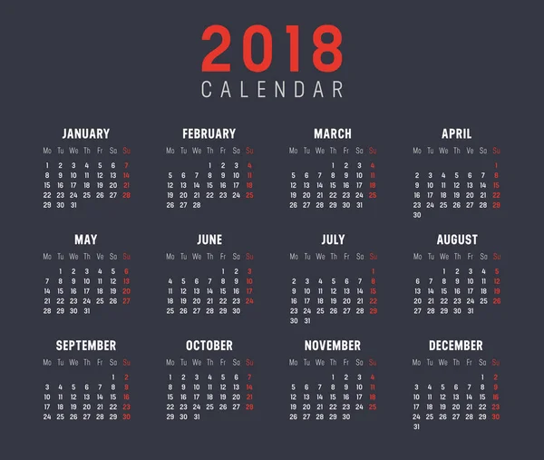 Yıl 2018 takvim vektör şablonu