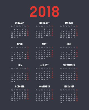 Yıl 2018 takvim vektör şablonu