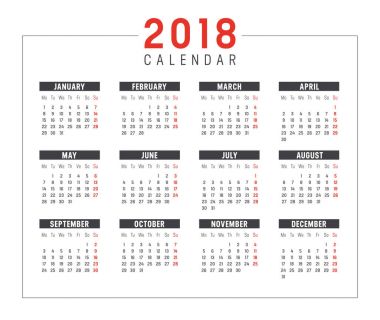 Yıl 2018 takvim vektör şablonu