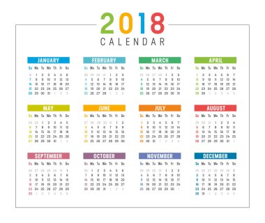 Yıl 2018 takvim vektör şablonu