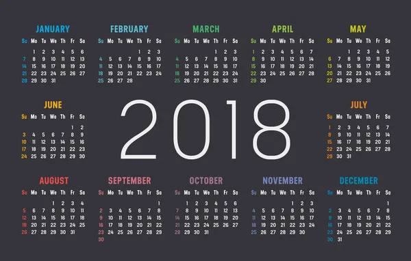 Año 2018 plantilla de vector de calendario — Vector de stock