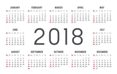 Yıl 2018 takvim vektör şablonu