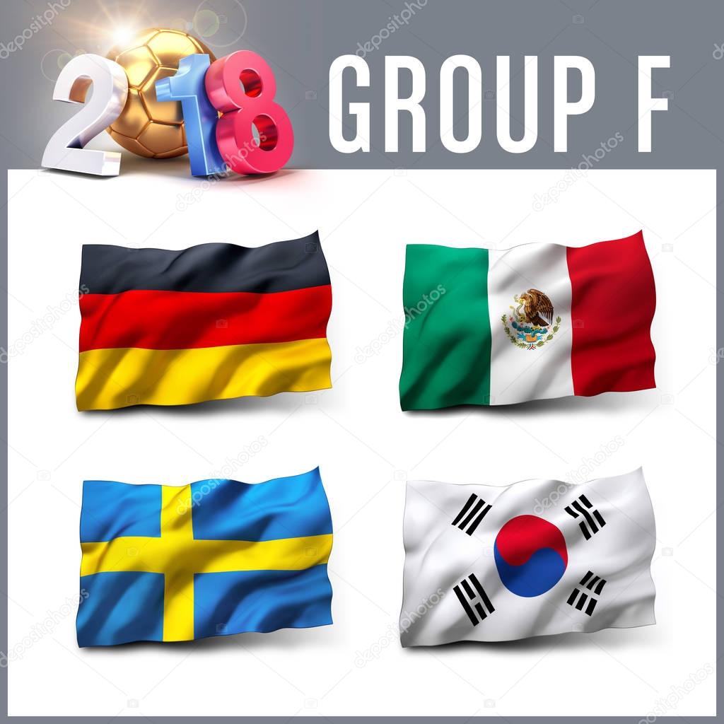Russia 2018 qualifying group F with team flags. International soccer competition. 3D illustration.