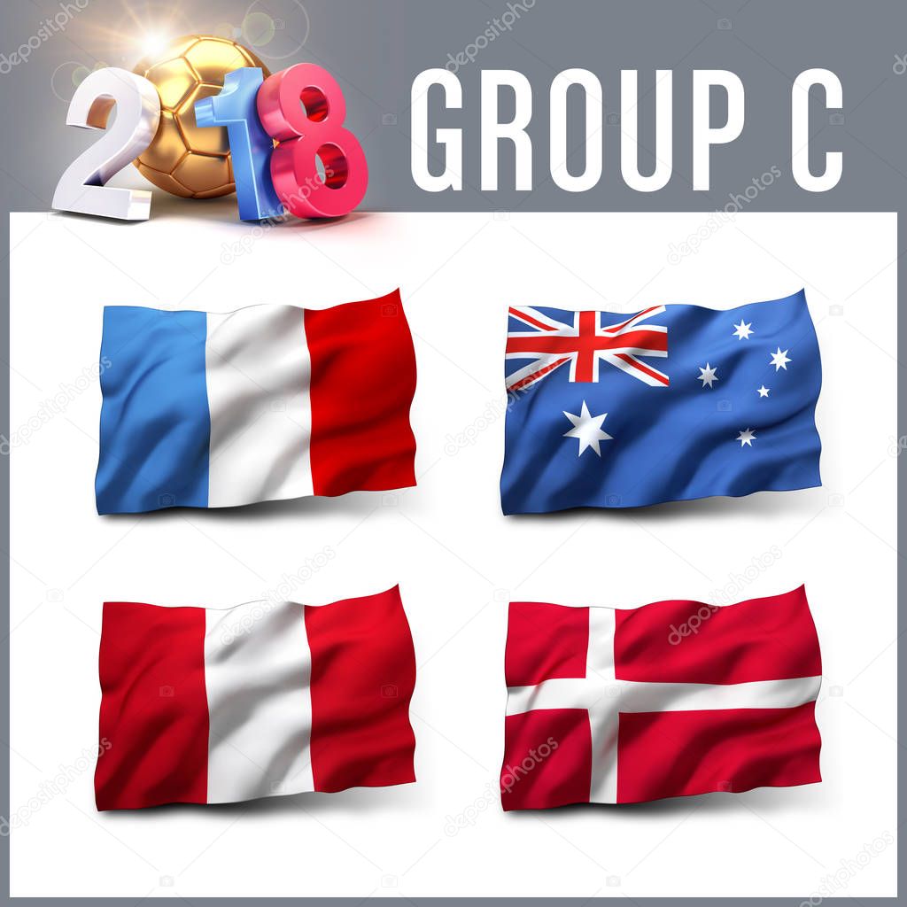 Russia 2018 qualifying group C with team flags. International soccer competition. 3D illustration.