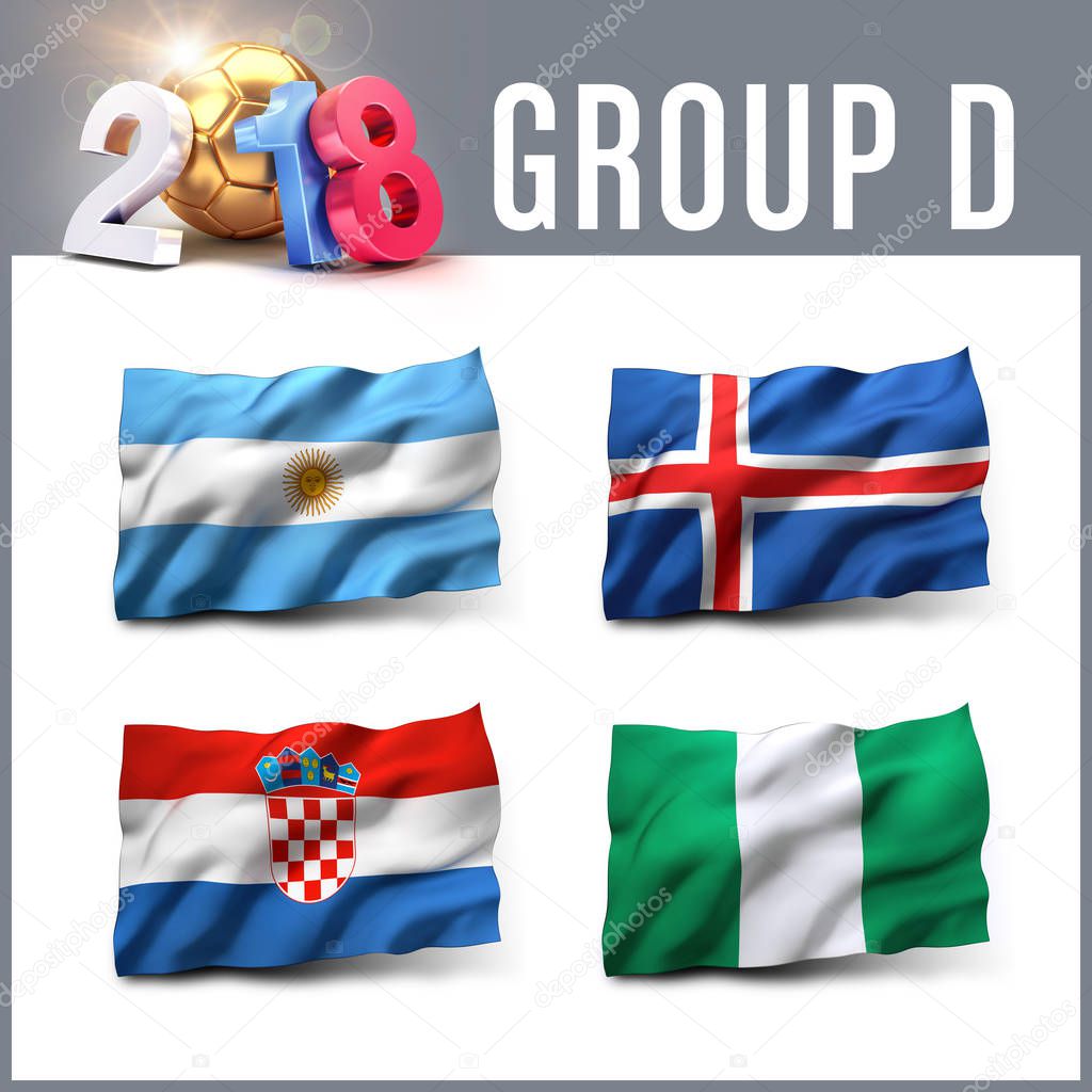 Russia 2018 qualifying group D with team flags. International soccer competition. 3D illustration.