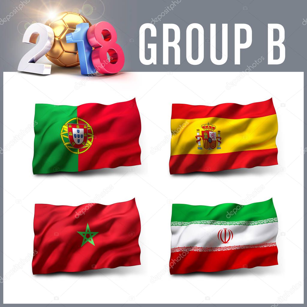 Russia 2018 qualifying group B with team flags. International soccer competition. 3D illustration.