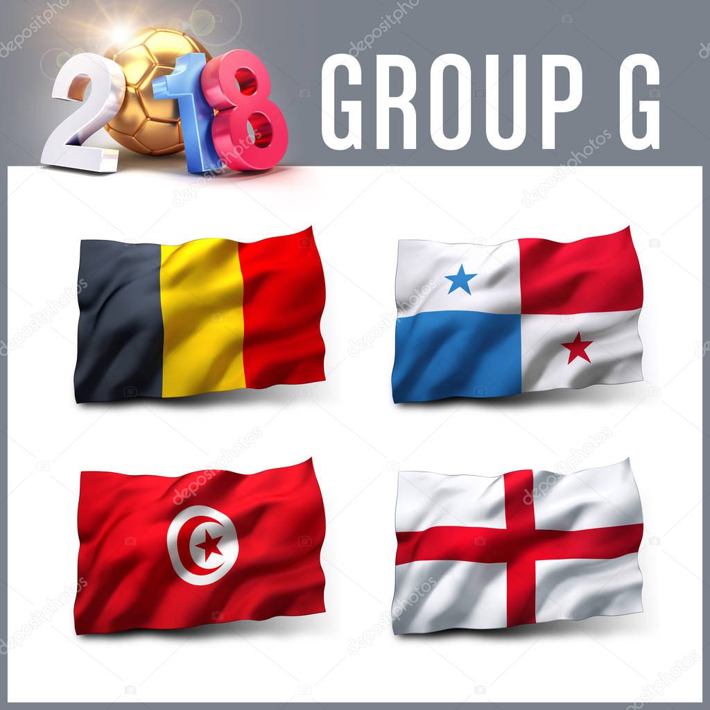 Russia 2018 qualifying group G with team flags. International soccer competition. 3D illustration.