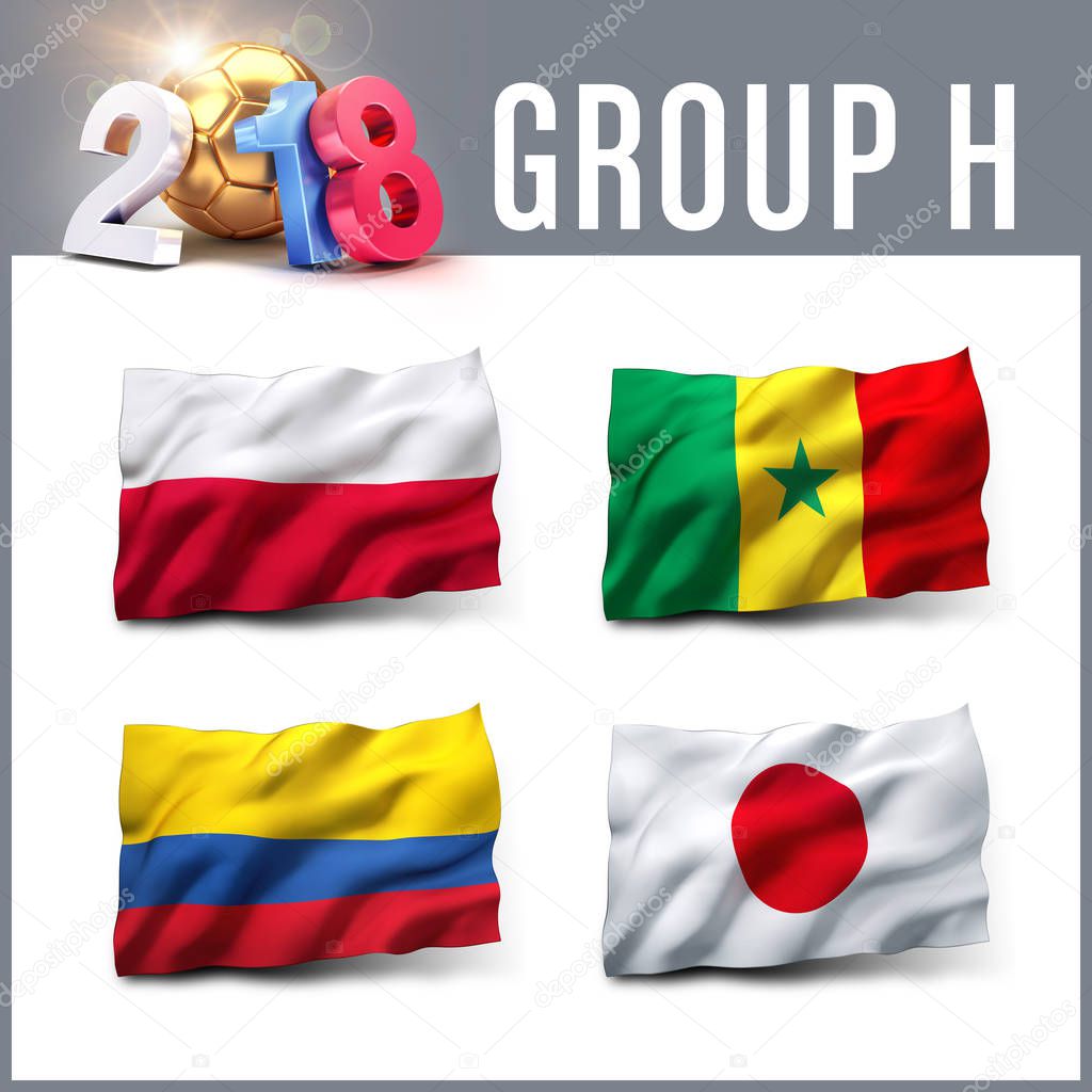 Russia 2018 qualifying group H with team flags. International soccer competition. 3D illustration.