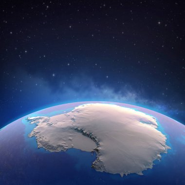 Antarktika kıtasına uydudan bakıldığında buzun eridiği görülüyor. Güney Kutbu 'nun fiziksel haritası. 3d illüstrasyon - Bu görüntünün öğeleri Nasa tarafından desteklenmektedir.