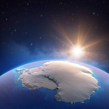 Antarktika kıtası bir uydudan izlendi, güneş ufuktan yükseliyor, buzlar eriyor. Güney Kutbu 'nun fiziksel haritası. 3d illüstrasyon - Bu görüntünün öğeleri Nasa tarafından desteklenmektedir.
