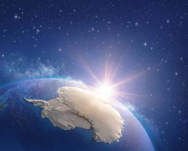 Antarktika kıtası bir uydudan izlendi, güneş ufuktan yükseliyor, buzlar eriyor. Güney Kutbu 'nun fiziksel haritası. 3d illüstrasyon - Bu görüntünün öğeleri Nasa tarafından desteklenmektedir.