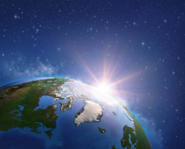 Arktik bölge, Grönland ve Kanada bir uydudan izlendi. Güneş ufuktan yükseliyor. Kuzey Kutbu 'nun fiziksel haritası. 3D illüstrasyon - NASA tarafından desteklenen bu görüntünün elementleri.