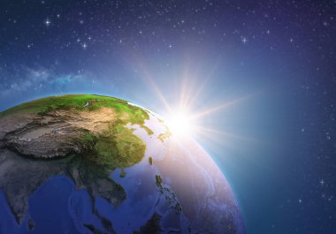 Dünya gezegeninin yüzeyi bir uydudan görüldü, Doğu Asya 'ya odaklandı, güneş ufukta doğdu. Çin ve Moğolistan 'ın fiziksel haritası. 3D illüstrasyon - NASA tarafından desteklenen bu görüntünün elementleri.