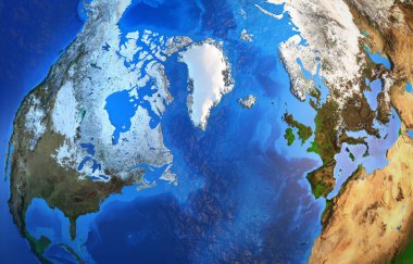 Arktik bölge ve Grönland bir uydudan izleniyor. Kuzey Kutbu 'nun fiziksel haritası. 3d illüstrasyon - Bu görüntünün öğeleri Nasa tarafından desteklenmektedir.