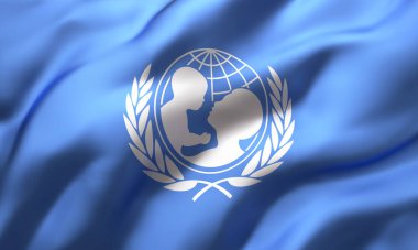 UNICEF bayrağı rüzgarda dalgalanıyor. 3B illüstrasyon
