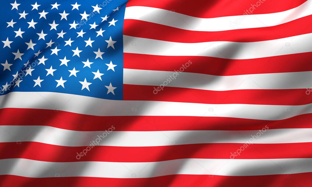Flag of United States of America blowing in the wind. Full page USA flying flag. 3D illustration.