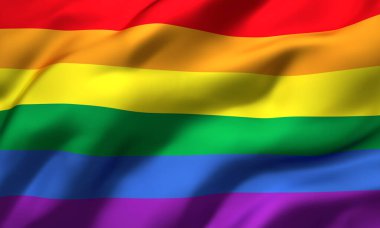 Rüzgarda dalgalanan gökkuşağı bayrağı. Tam sayfa LGBT bayrağı. 3B illüstrasyon.