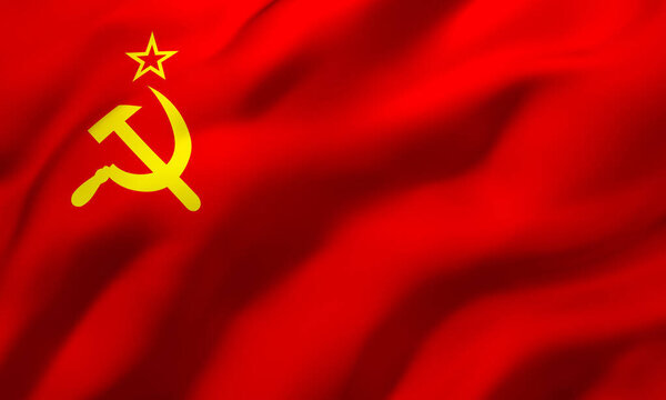 Flag of Soviet Union blowing in the wind. Full page USSR red flying flag. 3D illustration.