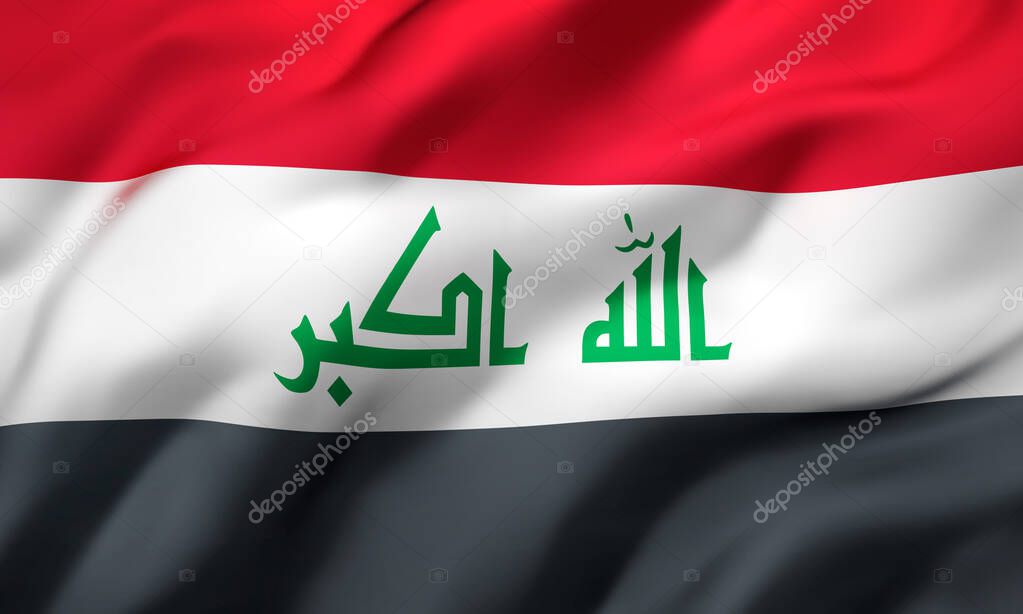 Flag of Iraq blowing in the wind. Full page Iraqi flying flag. 3D illustration.
