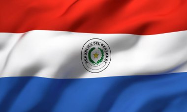 Rüzgarda savrulan Paraguay bayrağı. Tam sayfa Paraguay bayrağı. 3B illüstrasyon.